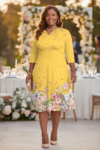 Image of Nmoder Women's Plus Size Stretchy Flared Wrap Dress Casual Wedding Guest Midi Dresses V Neck 3 /4 Sleeve A-Line Swing Dress