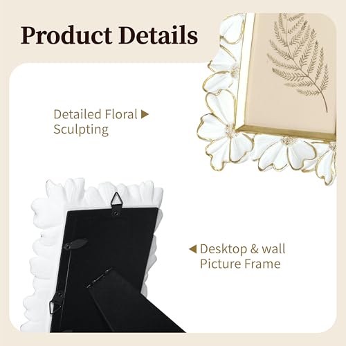 Image of Antique Floral Picture Frame - Resin & Glass Victorian-Style Frame for Tabletop or Wall Decor (White, 5 inch x 7 inch)
