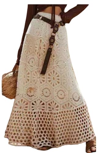 Wuitrie Crochet Skirt Cover Up for Women Hollow Lace Splicing A-line Skirt High Waist Beach Vocation Mid-Length Skirts