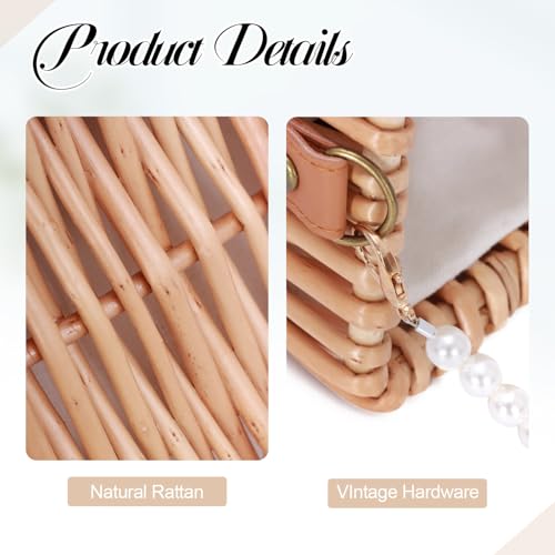 Oweisong Rattan Beach Bag for Women Small Woven Straw Purses Summer Vacation Square Wicker Shoulder Bag with Pearl Strap4