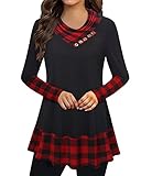 Gaharu Tunics for women to wear with Leggings, Ladies Plaid Shirts Cowl Neck Color Block Winter xmas Red Tunic Tops for Women(Large,Black2)