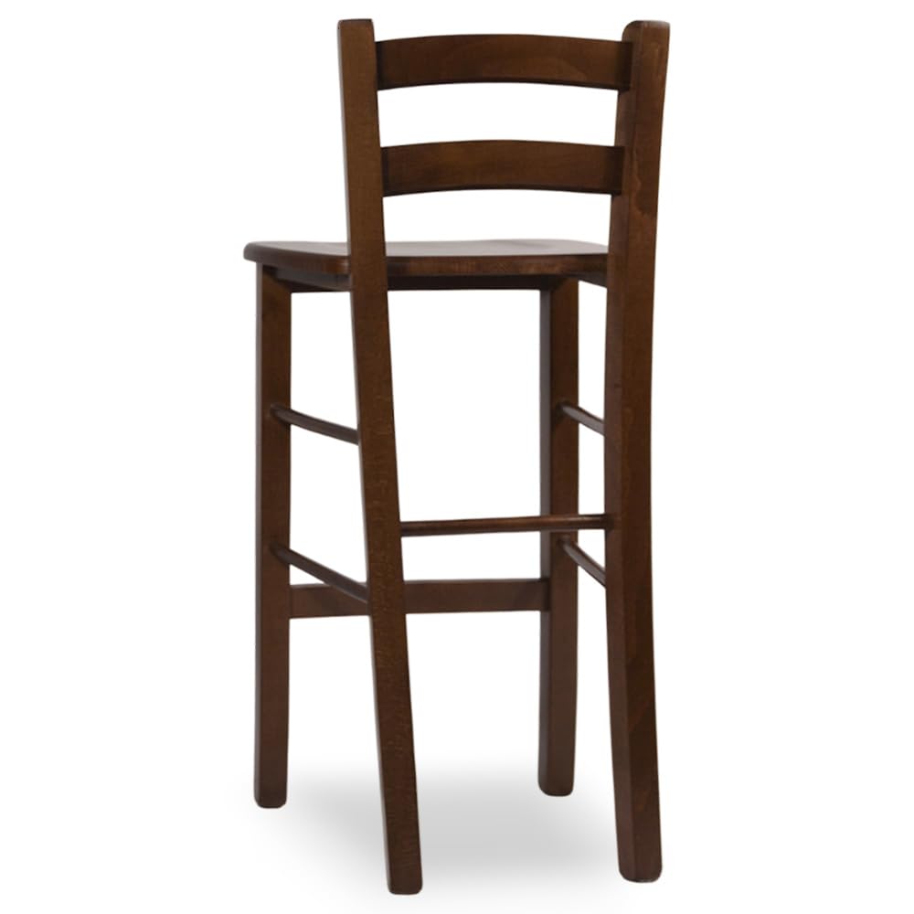 Sgabello Bar Legno Massello con Schienale Noce Scuro h 67 cm, Seduta 39x34 cm, Pub Pizzeria Ristorante Cucina, già Montato, Made in Italy —