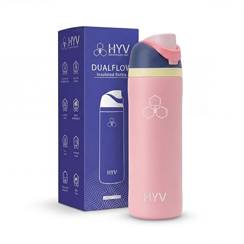 Image of HYV DualFlow Insulated Stainless Steel Water Bottle 750ml | Dual-Cap Sipper & Chug for Adults & Kids | Leakproof, BPA-Free, Hot & Cold Thermos | Gym, Sports, Travel, School Flask | Candy Floss
