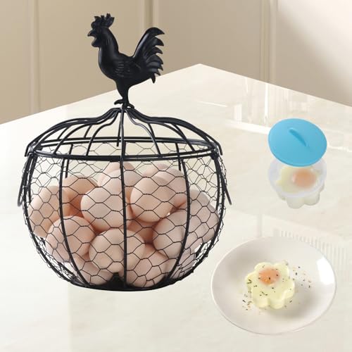 Farmhouse Rooster Egg Basket for Fresh Eggs, Black Metal Wire Egg Holder, Holds 25-35 Eggs, Rustic Kitchen Countertop Decor with Removable Lid & Handles - Bonus Set of 4 Silicone Egg Poachers