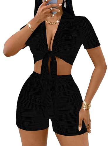 Image of MSLG Women's Sexy 2 Piece Set Solid Summer Bodycon Suit Casual Tie Front Short Sleeve V Neck Crop Top Shorts Outfits Sets S42
