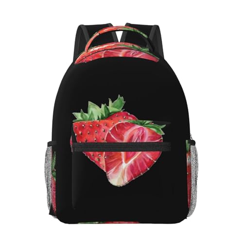 Sac à dos étudiant confortable noir à motif fraise hydrofuge pour écolières