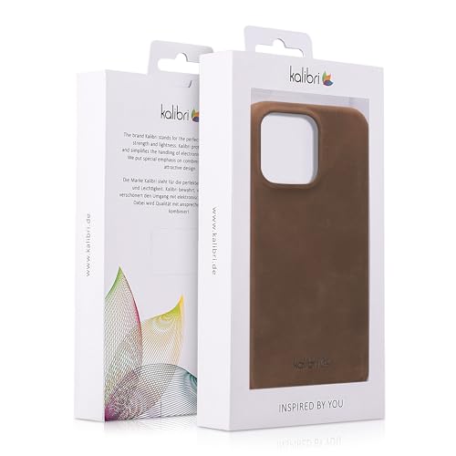 Image of kalibri Case Compatible with Apple iPhone 15 Pro Max - Case Smooth Genuine Leather Hard Case Anti Slip Cover - Brown