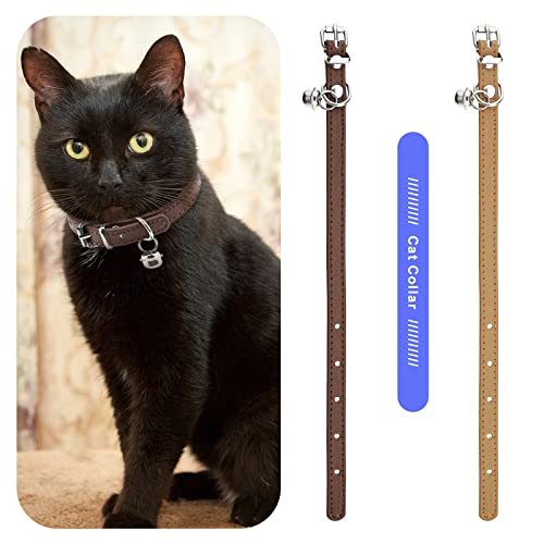 ECSiNG 2PCS Cat Collar with Bell PU Leather Comfortable Kitten Collars for 15~23cm Neck Size Adjustable Length Small Pets Supplies 1cm Width Coffee & Khaki - Image 2