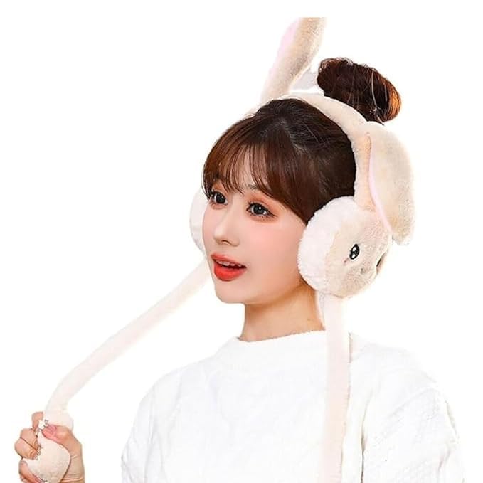 Women Winter Plush Ear muffs, Moving Bunny Ear Warmer, Kids Girls Boys, Woolen Windproof, Foldable Knitted Rabbit Ear Muffs (Light Pink)-image-17