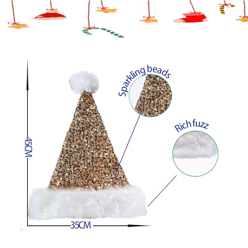 Champagne Sequin Santa Hat Christmas Hat for Kids,Adults,30*45cm Luxury Xmas Hat Plush Santa Claus Hat,Unisex Christmas Party Hat,Father Christmas Hat Costume Gifts for Women,Men Xmas New Year Party - Image 2