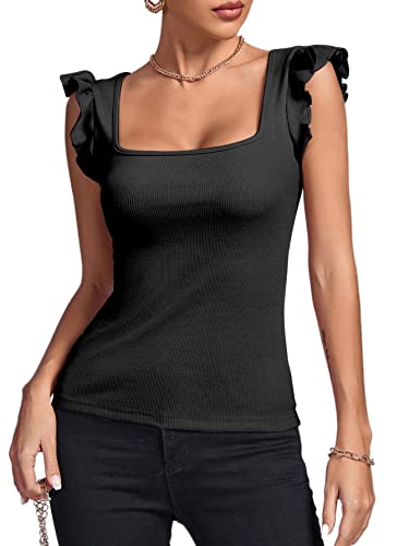 Lyaner Women's Square Neck Ruffle Cap Sleeve Tank Top Ribbed Knit Sleeveless T Shirt Black Large #TOP18