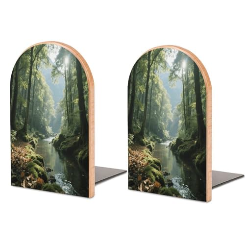 Sujetalibros de madera resistente Mountain Forest para estanterías modernas 2