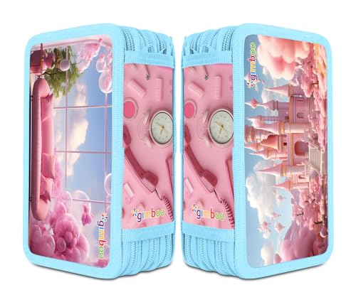 gimboo Schulmäppchen mit Zubehör/Federmäppchen mit großem Fassungsvermögen/Mit 3 Fächer/Federtasche Federmäppchen Stifteetui/Motiv - SÜßES ROSA Motiv/Für Kinder Jungen Mädchen
