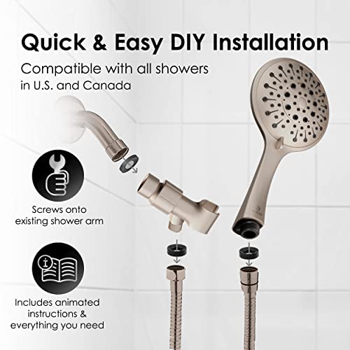 Aquarius Handheld Brushed Nickel Shower Head With Hose (Extra Long) Luxury Spa Grade High Pressure Hand Held Showerhead With 6 Spray Settings - Adjustable Brass Ball Holder & Teflon Tape #TOP5