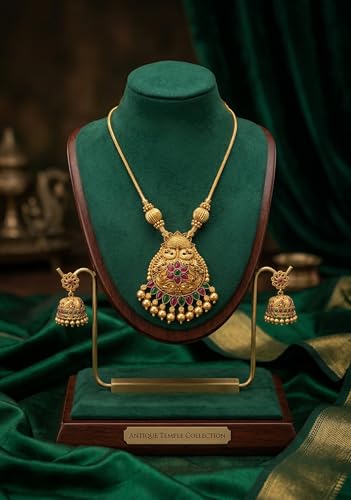 Image of Traditional Gold-Plated Lakshmi Temple Pendant Necklace Set for Women | Antique South Indian Jewelry with Jhumka Earrings | Ethnic Bridal, Wedding & Festive Jewelry Set