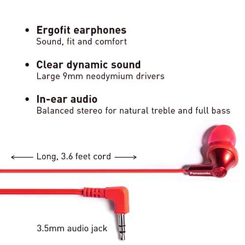 Image of Panasonic Ergofit in-Ear Earbud Headphones Metallic Red (RP-HJE120-RA) (Pack of 10)