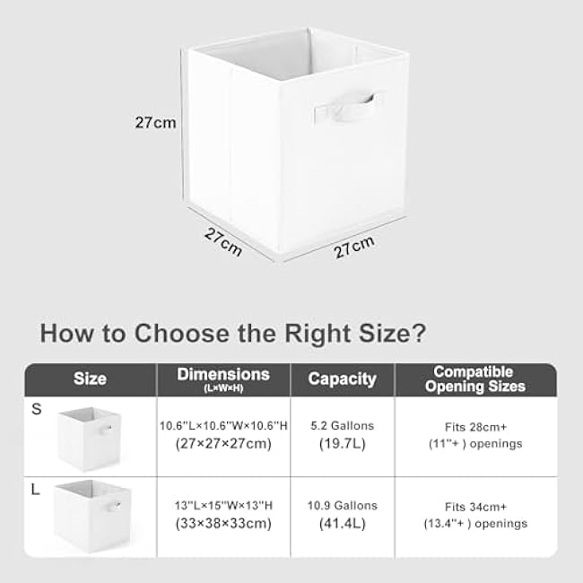 Cube Storage Boxes 10.5x10.5x11 Foldable Fabric with Handles Collapsible for Home Office Nursery Organiser - Clothes Basket Containers, White, 8 PCS