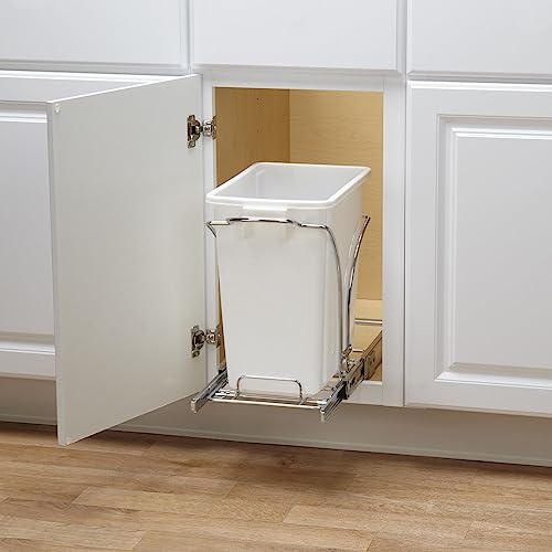 Household Essentials Glidez Chrome-Plated Steel Pull-Out/Slide-Out Discreet Single 5 Gallon Plastic Trash Can For Under Cabinet Use - Fits Standard Size Cabinet, Chrome And White #TOP1