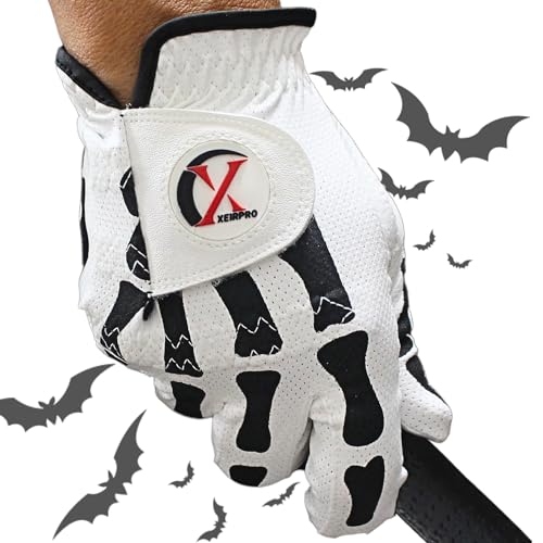 XEIRPRO Skeleton Death Grip Golf Gloves for Men – Funny Golf Gloves for Men – Cool & Tacky Golf Glove 2 Pack – Perfect for Summer & Fall Golfing (White, Med-Large, Left)
