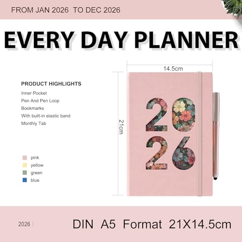 2026 Diary A5 Page a Day,Diary 2026 Day Per Page,Academic Diaries a5 from Jan 2026 to Dec 2026 Daily Planner,Hardcover Organizer with Pen,Monthly Tabs, Inner Pocket,Stickers (Pink) - Image 3