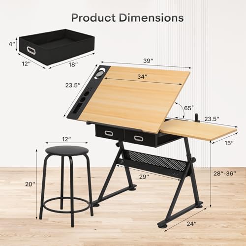 Athena Collection Drafting Table for Artists, Height Adjustable Drawing Table, Dual Desktop Art Desk Metal Frame Art Table Tiltable Craft Desk Paintings Work Station with Stool and Drawers, Natural