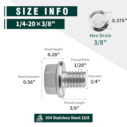 Image of 1 /4-20 x 3 /8 inch Flanged Hex Head Bolts Screws, 304 Stainless Steel 18-8, Full Thread, Coarse Thread, 20 PCS