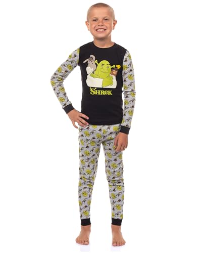 INTIMO Shrek Pajamas Boys Best Friends Donkey and Puss in Boots 2-Piece Tight Fit Lounge Sleep Set (10) Multicolored