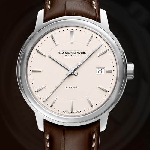 RAYMOND WEIL Maestro Men's Automatic Watch, Ivory Dial with Silver Indexes, Stainless Steel, Genuine Brown Leather Strap, 39.5mm (Model: 2237-STC-65011)2