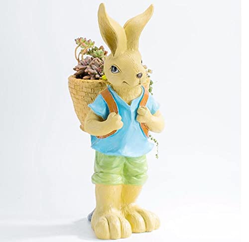 Sculpture statue jardin lapin et pot de fleur résine anti-choc