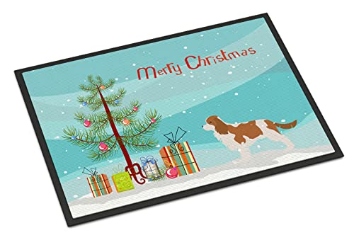 Caroline's Treasures BB2967JMAT Cavalier King Charles Spaniel Merry Christmas Tree Doormat 24x36 Front Door Mat Indoor Outdoor Rugs for Entryway, Non Slip Washable Low Pile, 24H X 36W