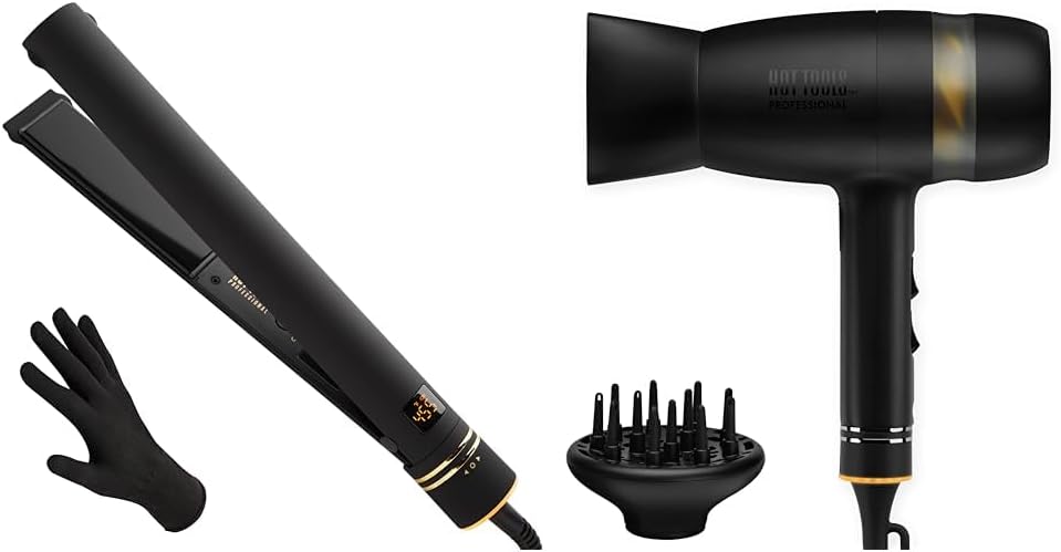 Hot Tools Black Gold Evolve Ionic Flat Iron for Long-Lasting Straightening, (1-1/4 in) & Quietair Power Dryer for Powerful Zen Drying Experience