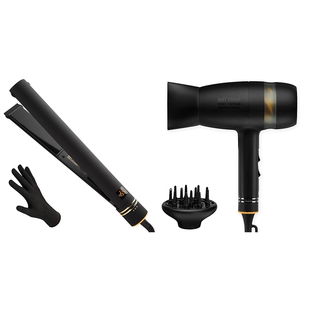 Hot Tools Black Gold Evolve Ionic Flat Iron for Long-Lasting Straightening, (1-1/4 in) & Quietair Power Dryer for Powerful Zen Drying Experience
