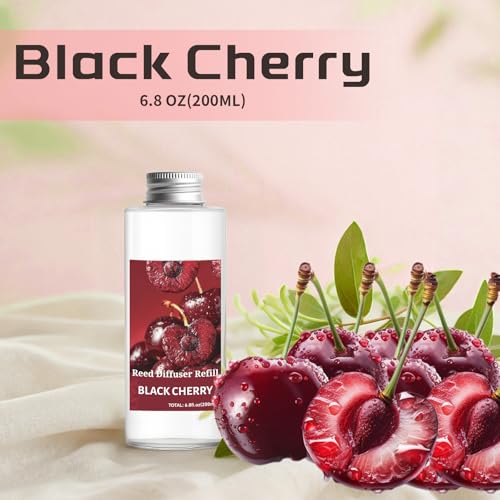 Image of STRN Reed Diffuser Oil Refill, Black Cherry Scented Diffuser Oil Refills with 6 Reed Sticks 200ML(6.8fl.oz), Room Fresheners for Home, Long-Lasting Summer Fragrance for Living Room, Bedroom, Office