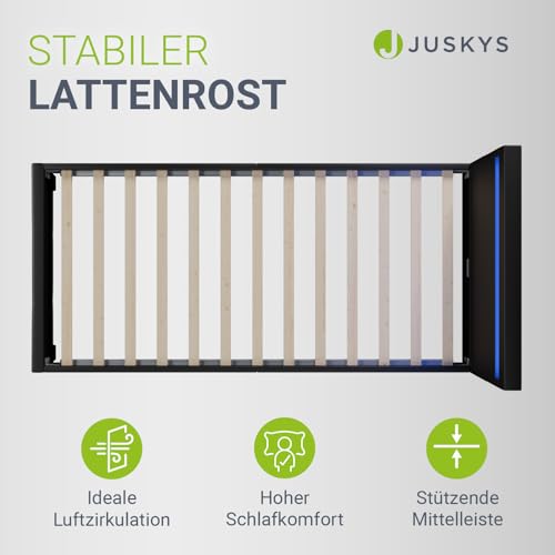 Juskys Polsterbett Paris 90x200 cm mit LED-Beleuchtung, Lattenrost & Kopfteil, Bett mit Gestell aus Holz & Kunstleder Bezug, schwarz