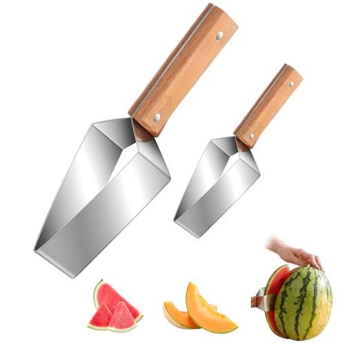2PCS Multi-function Fruit Slicer-Watermelon Slicer, Comfort Thick Wooden Handle Stainless Steel Triangle Divider for Fruit Slicer Melon Cutting Tool for Kitchen Home Bar Party Stainless Steel