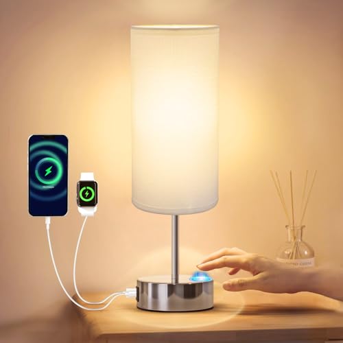 Bedside Lamp Touch Control Table Lamp with USB A+C Charging Ports 3-Way Dimmable Nightstand Lamp with Linen Fabric Shade for Bedroom Living(Silver Base/White Shade)