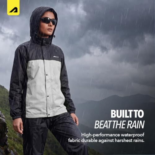 Image of Boldfit Rain Coat for Men Waterproof Raincoat Set for Women with Reflective Trim-Windproof Jacket & Pants Suit with Hood, Pockets & Breathable, Durable Fabric for Outdoor, Travel- Black Grey, XL-XXL