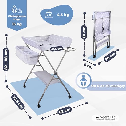 Mobiclinic®, Stół do Przewijania Niemowląt, Składany, Regulowana Wysokość, Do 15 kg, 0–36 Miesięcy, Organizer na Pieluchy, Kółka 360° z Hamulcem, Uprząż i Barierka Zabezpieczająca, Zmywalny, Zoey