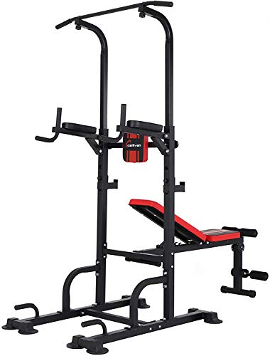 ER KANG Power Tower Dip Station, 850lbs Weight Capacity Workout Station with Dip Stands, Pull Up Chin Up Tower, Adjustable Weight/Sit-Up Bench for Strength Training, Home Gym(2021 Version)