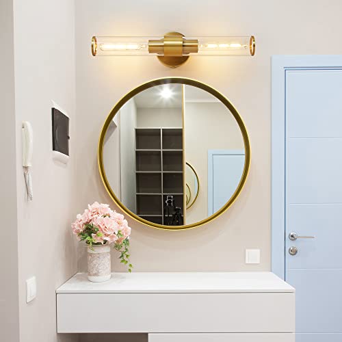 Image of Hardwired Gold Bathroom Vanity Light Clear Glass Wall Sconce | Up & Down Bidirectional Lighting, Damp Rated For Bathrooms, Dimmable, Rustproof Gold Metal, 5-Year Manufacturer Warranty