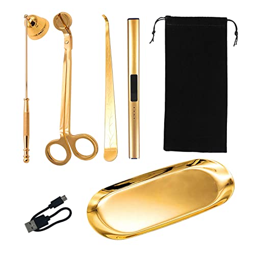 YWNYT 6pcs Stainless Steel Candle Wick Trimmer Set,Candle Lighter Rechargeable,Candle Wick Trimmer,Candle Wick Dipper,Candle Snuffer, Candle Storage Tray and Candle Storage Bag for Candle Lovers