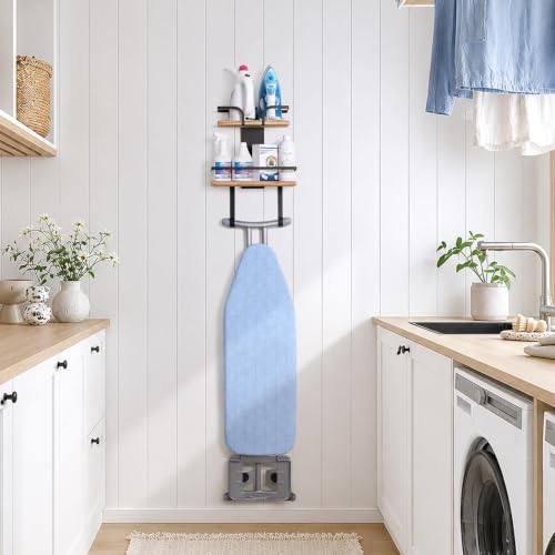 Bikoney Ironing Board Hanger Wall Mount, 2-Layer Iron and Ironing Board Holder, Laundry Room Shelves Solid Wood with Removable Hooks Home Organization and Storage(Brown) by Bikoney - Used condition - Image 9