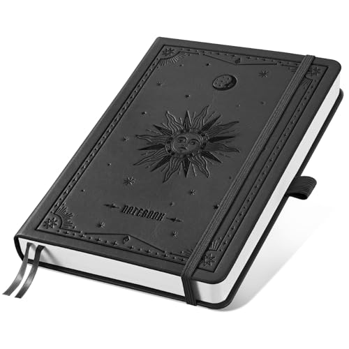 Image of EMSHOI Graph Grid Journal Notebook, 192 Pages, A5 Size (5.7'' x 8.3'') | Leather Hardcover, 100 GSM Thick Paper, for School, Note Taking, Math, Engineering, Sun Debossed (Black)