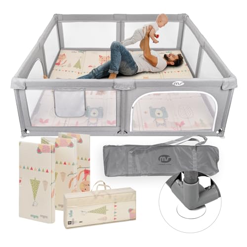 MS BabyWorld - Recinto per bambini XXL + Tappeto gioco per bambini 180 * 200 cm - Tappeto bifacciale, altamente imbottito (spessore 1,5 cm), Box molto grande e alto - pieghevole e con borsa trasporto