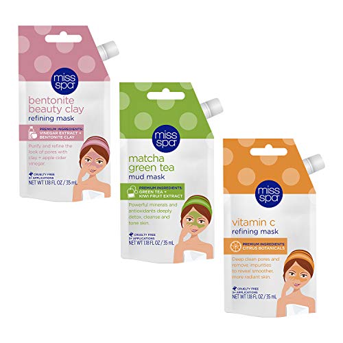 MISS SPA Detoxifying Facial Mud and Clay Mask Set, Matcha Green Tea Mud, Vitamin C Peel-Off, Refining Bentonite Clay, Skin Care for Women, 3-Pack
