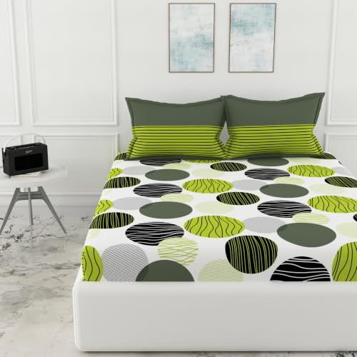 Image of LORETO - A QUALITY LINEN BRAND 144 TC 100% Pure Cotton King Size Fitted Bedsheet with 2 Pillow Covers for 72 x 72 Inch Mattress, All-Around Elastic, 8 Inch Deep Pocket, Olive Green & Black Circles