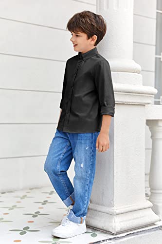 Boys' Long Sleeve Dress Shirts Pointed Collar Classic Button Down Cotton Shirt Slim Fit Solid Tops For Kids Toddlers Black #TOP4