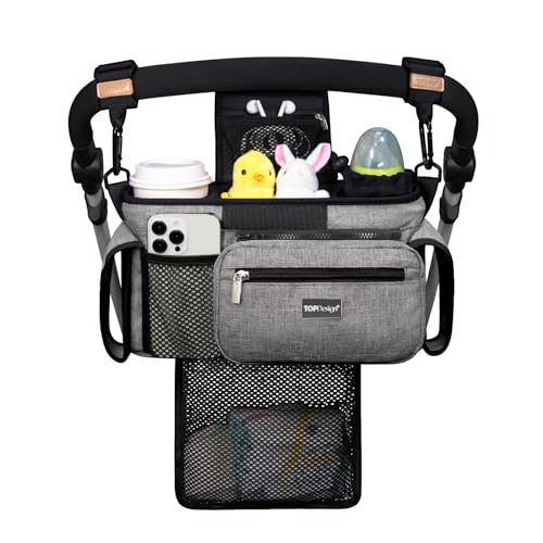 Image of TOPDesign Universal Baby Stroller Organizer, Stroller Caddy with Detachable Mesh Bag & Heightened Insulated Cup Holders & Non-Slip Secure Hooks Accessories, Fits Most Strollers (Grey)