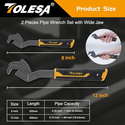 Tolesa T1PW1001 Self Adjusting Cr-V Pipe Vise Wrench, 0.35 Inch-1.69 Inch Wide Jaw, 2 Pack Quick-Adjust Pipe Wrenches thumb #4