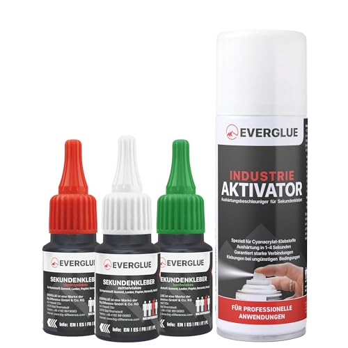EVERGLUE Sekundenkleber dünn + mittel + dick à 20g + Aktivator 200ml - Industriekleber extra stark für die universelle Reparatur und Instandsetzung in Hobby Beruf und Haushalt